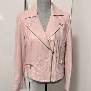 NWOT MICHAEL KORS Genuine Luxury Leather Pink Moto Jacket Lined, Size L